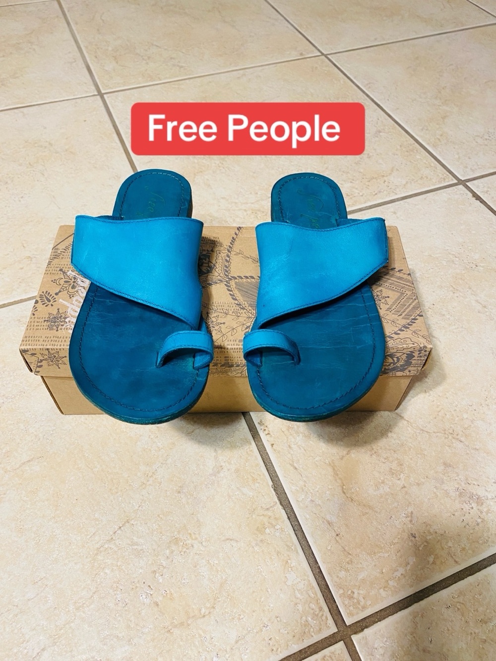 Free People Teal blue Handmade Leather Toe-Loop Slide Sandals